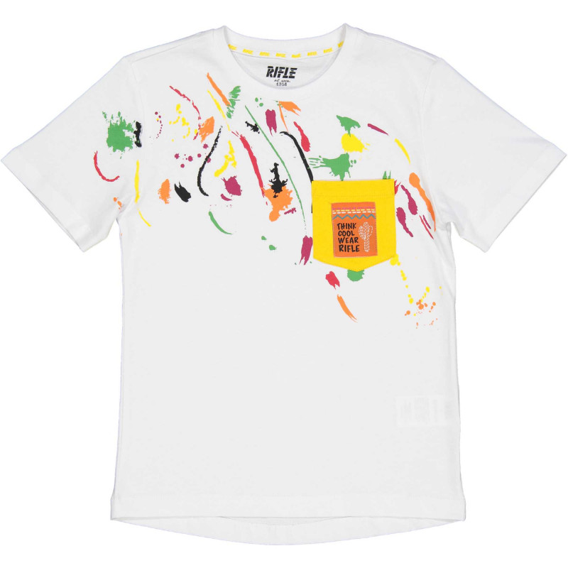 Βαμβακερό μπλουζάκι με έγχρωμο τύπωμα και τσέπη, λευκό  230946