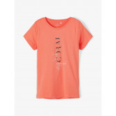 Μπλουζάκι από οργανικό βαμβάκι με λεζάντα, χρώμα κοραλλί Name it 231354 