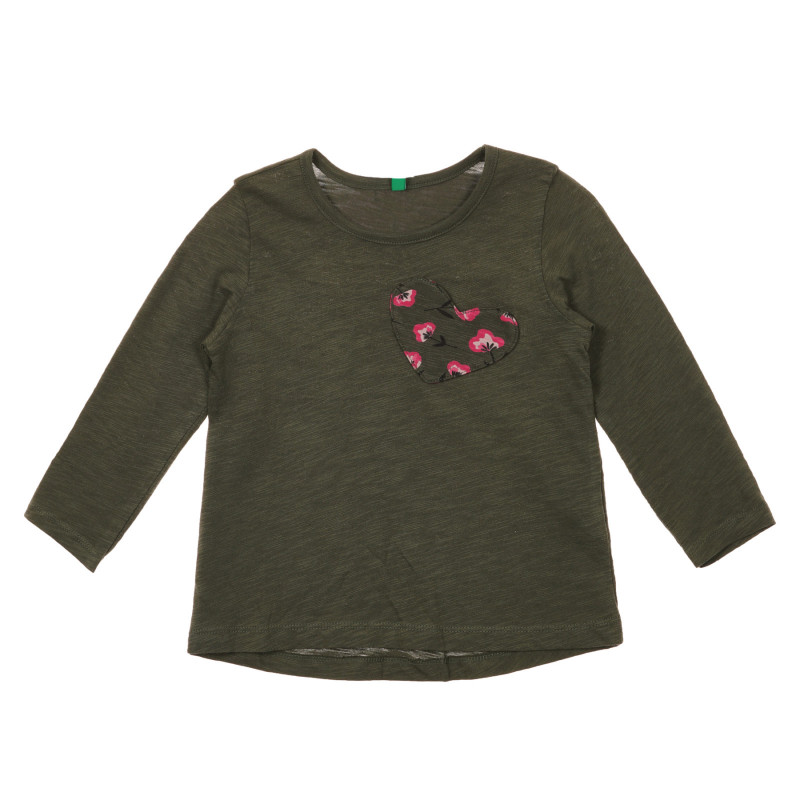 Βαμβακερή μπλούζα με απλικέ καρδιά για ένα μωρό, σκούρο πράσινο  232885