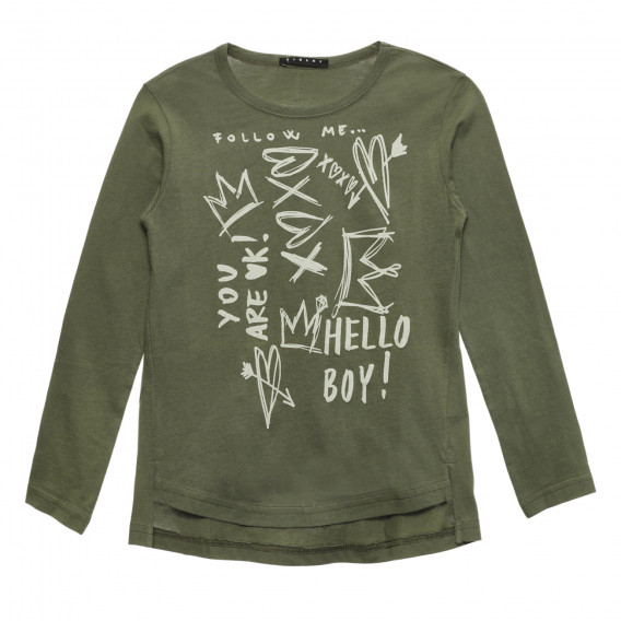 Βαμβακερή μπλούζα με γραφικό σχέδιο, σκούρο πράσινο Sisley 234287 