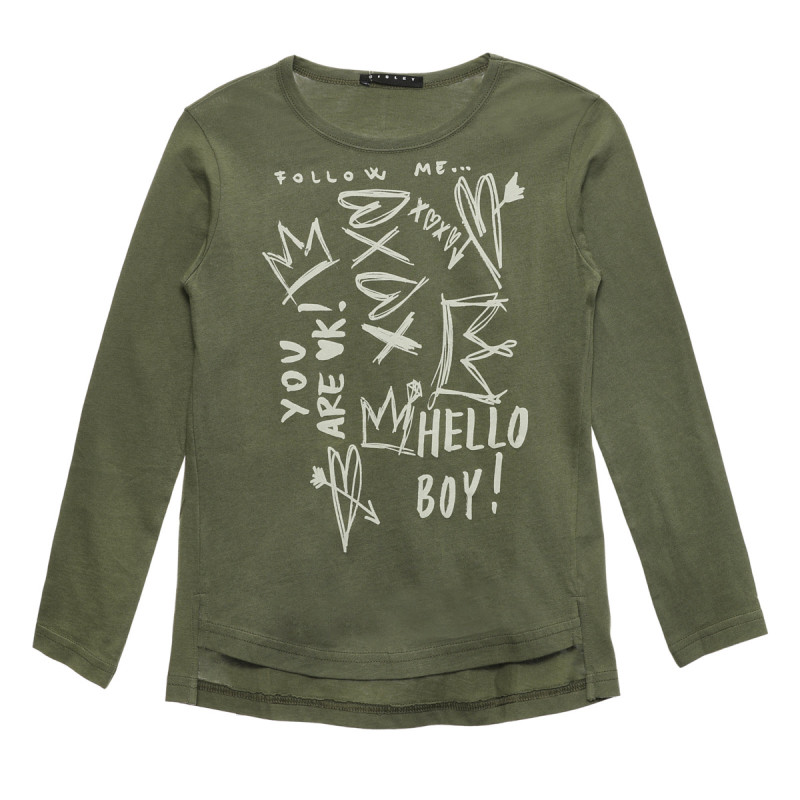Βαμβακερή μπλούζα με γραφικό σχέδιο, σκούρο πράσινο  234287