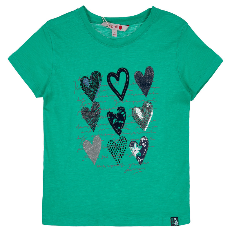 Κοντομάνικη μπλούζα σε γαλάζιο χρώμα με απλικέ καρδιές, για κορίτσι  235004