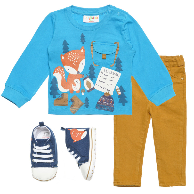 Σετ αγοριών με μπλούζα, τζιν και παπούτσια με εικόνα αλεπούς  235901