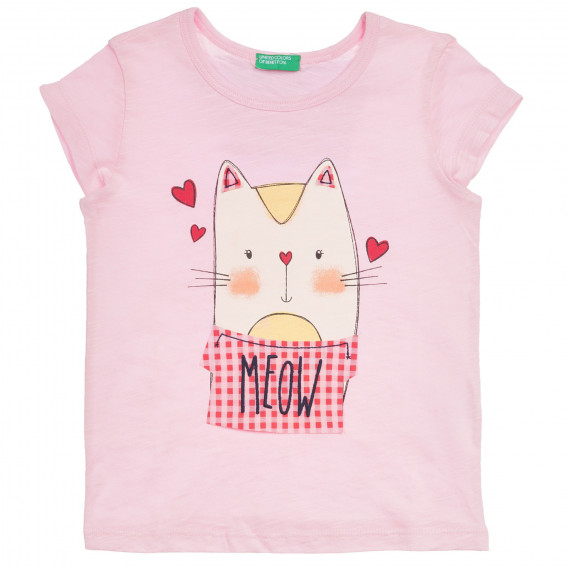 Βαμβακερό μπλουζάκι με τύπωμα γάτας με κασκόλ για ένα μωρό, ροζ Benetton 236391 