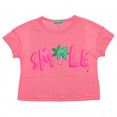 Βαμβακερό μπλουζάκι με τη λεζάντα Smile, ροζ Benetton 236647 