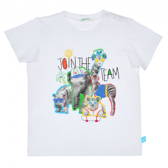 Βαμβακερό μπλουζάκι με τύπωμα ζωολογικού κήπου για ένα μωρό, λευκό Benetton 237028 