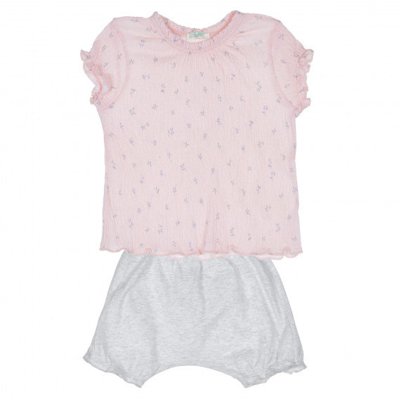 Βαμβακερό σετ μπλούζας και σορτς για μωρό, σε ροζ και γκρι χρώμα Benetton 237070 