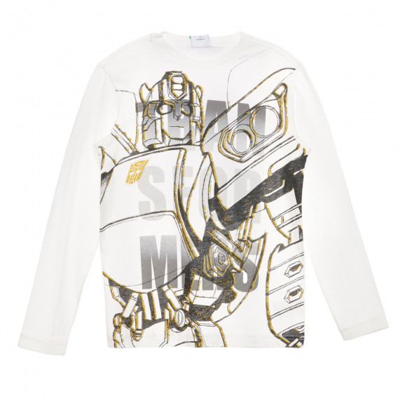 Βαμβακερή μπλούζα με τύπωμα Transformers, λευκή Benetton 237947 