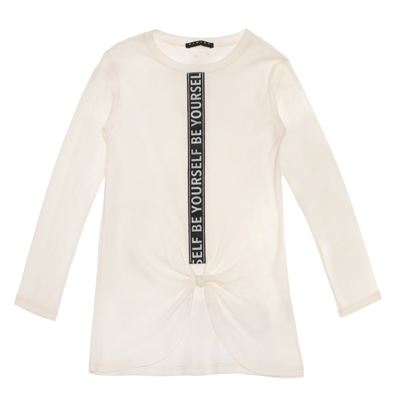 Βαμβακερή μπλούζα με κάθετη επιγραφή και κορδέλα, λευκή  238035