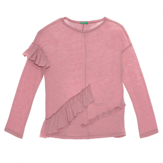 Βαμβακερή μπλούζα με μακριά μανίκια και βολάν, ροζ Benetton 238098 