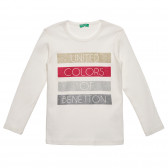 Βαμβακερή μπλούζα με μακριά μανίκια και το εμπορικό σήμα, λευκή Benetton 238264 