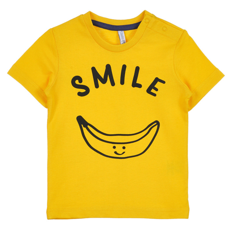 Βαμβακερό μπλουζάκι με τη λεζάντα Smile για ένα μωρό, κίτρινο  239337