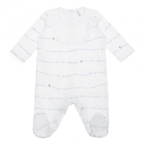 Βαμβακερή φόρμα με δαντέλα και επιγραφές για μωρό, λευκό Idexe 240223 