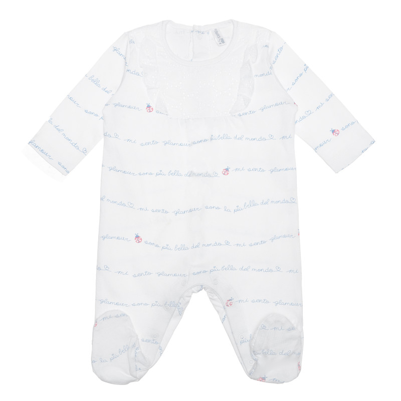 Βαμβακερή φόρμα με δαντέλα και επιγραφές για μωρό, λευκό  240223
