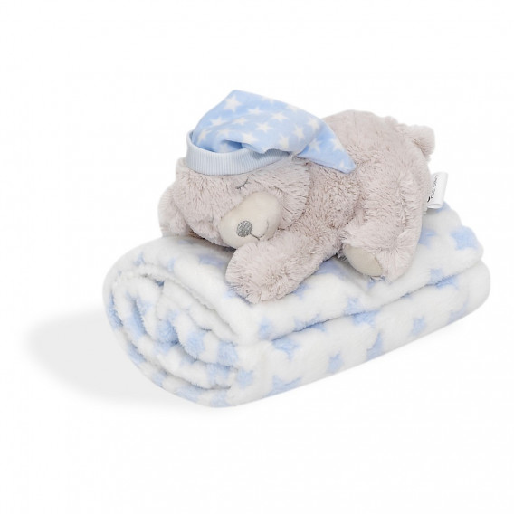Κουβέρτα μωρού 80 x 100 cm πλήρης με βελούδινο παιχνίδι αρκουδάκι, μπλε Inter Baby 240599 