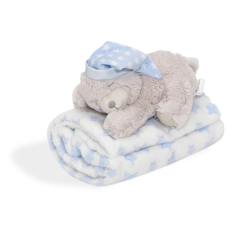 Κουβέρτα μωρού 80 x 100 cm πλήρης με βελούδινο παιχνίδι αρκουδάκι, μπλε  240599