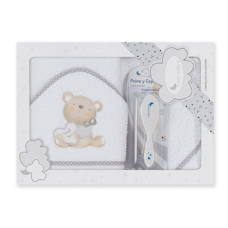 Πετσέτα μπάνιου μωρού ΑΓΑΠΗ με βούρτσα μαλλιών, 100 x 100 cm, λευκό και γκρι  240695