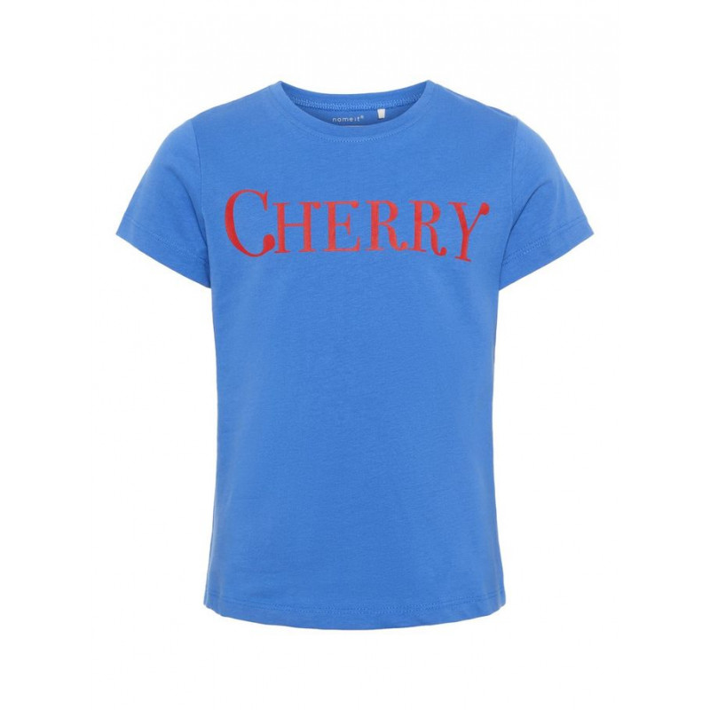 Βαμβακερή μπλούζα με κοντό μανίκι και κόκκινη επιγραφή CHERRY για κορίτσι  240811