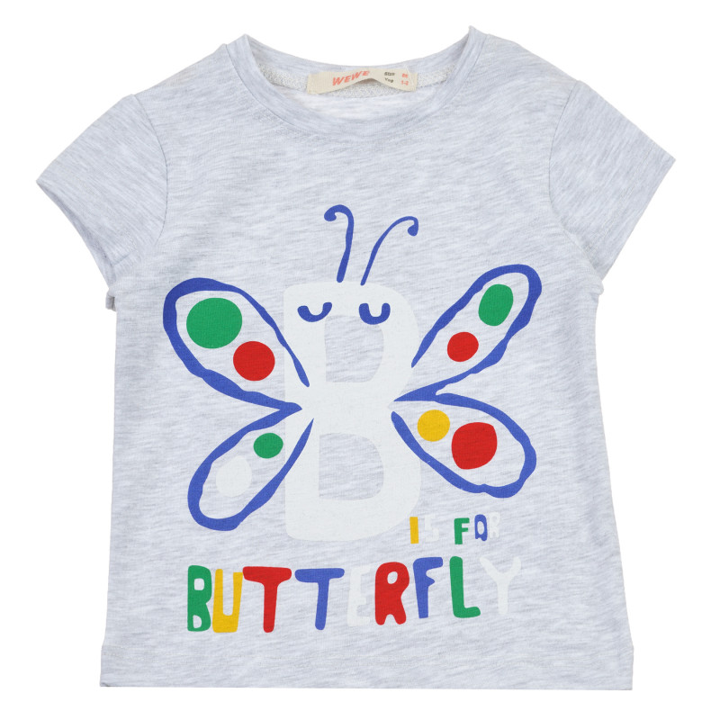 Μπλουζάκι με τύπωμα πεταλούδας και λεζάντα Butterfly, γκρι  240919