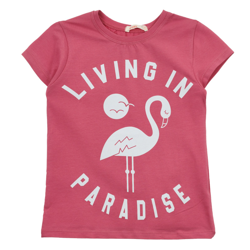 Μπλουζάκι με τύπωμα και λεζάντα φλαμίνγκο, ροζ  240962