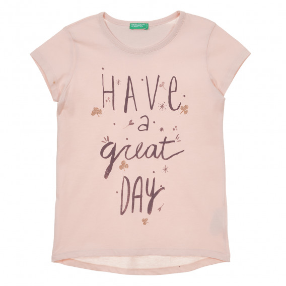 Βαμβακερό μπλουζάκι με την επιγραφή Έχετε μια υπέροχη μέρα, ανοιχτό ροζ Benetton 241702 