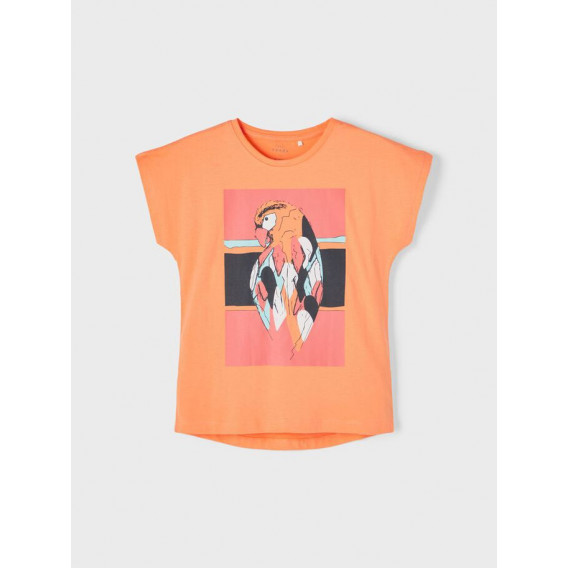 Μπλουζάκι από οργανικό βαμβάκι με τύπωμα παπαγάλου, πορτοκαλί Name it 242387 