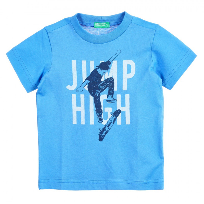 Βαμβακερό μπλουζάκι με γραφική εκτύπωση και επιγραφή Jump High, μπλε  242409