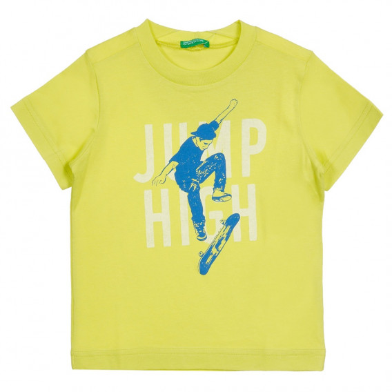 Βαμβακερό μπλουζάκι με γραφική εκτύπωση και επιγραφή Jump High, πράσινο Benetton 242413 
