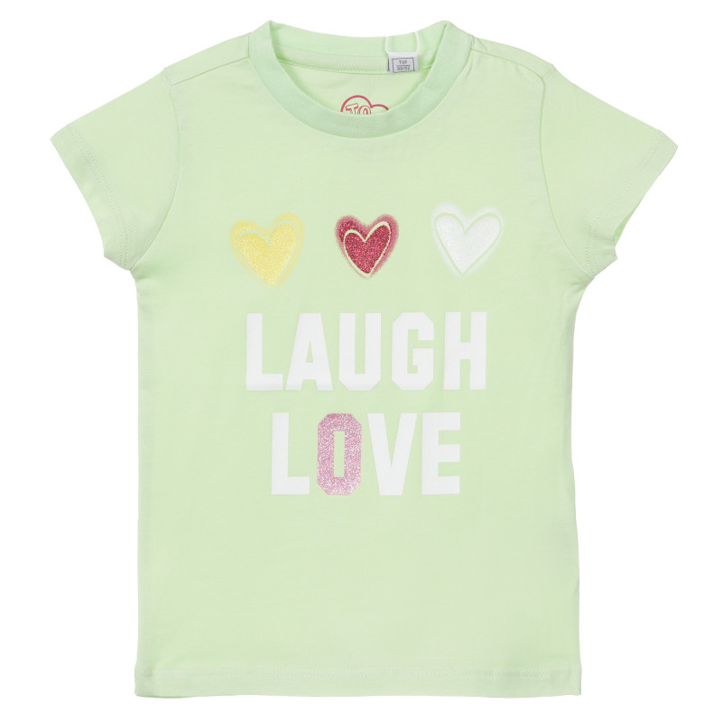 Βαμβακερό μπλουζάκι Chicco σε πράσινο χρώμα με επιγραφή και μπροκάρ καρδιές  251527