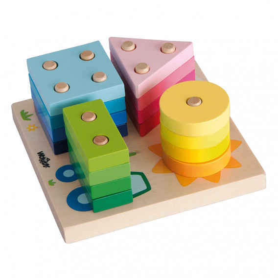 Ξύλινο παιχνίδι, πίνακας ταξινόμησης - Σχήματα και χρώματα, σπίτι και ήλιος Woody 252929 3