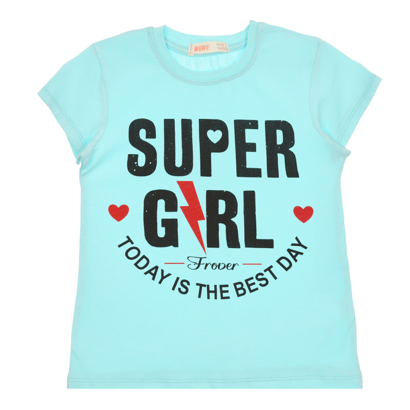 Βαμβακερό μπλουζάκι Super κορίτσι, γαλάζιο  259547