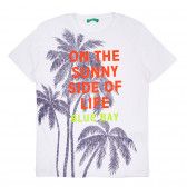 Βαμβακερό μπλουζάκι με floral εκτύπωση και επιγραφή, λευκό Benetton 260505 