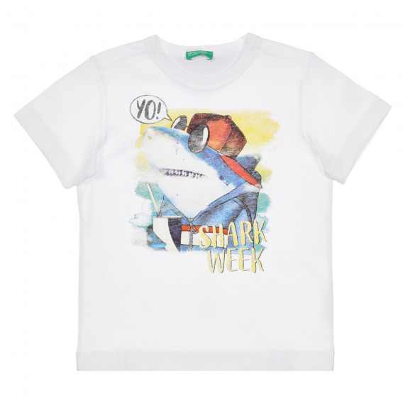 Βαμβακερό μπλουζάκι με εκτύπωση Shark week για μωρό, λευκό Benetton 260613 