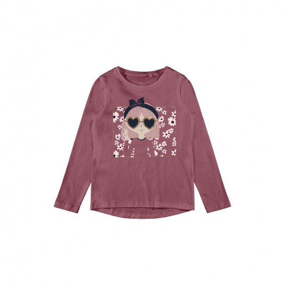 Οργανική βαμβακερή μπλούζα με εκτύπωση κοριτσιού mε γυαλιά, ροζ Name it 262169 