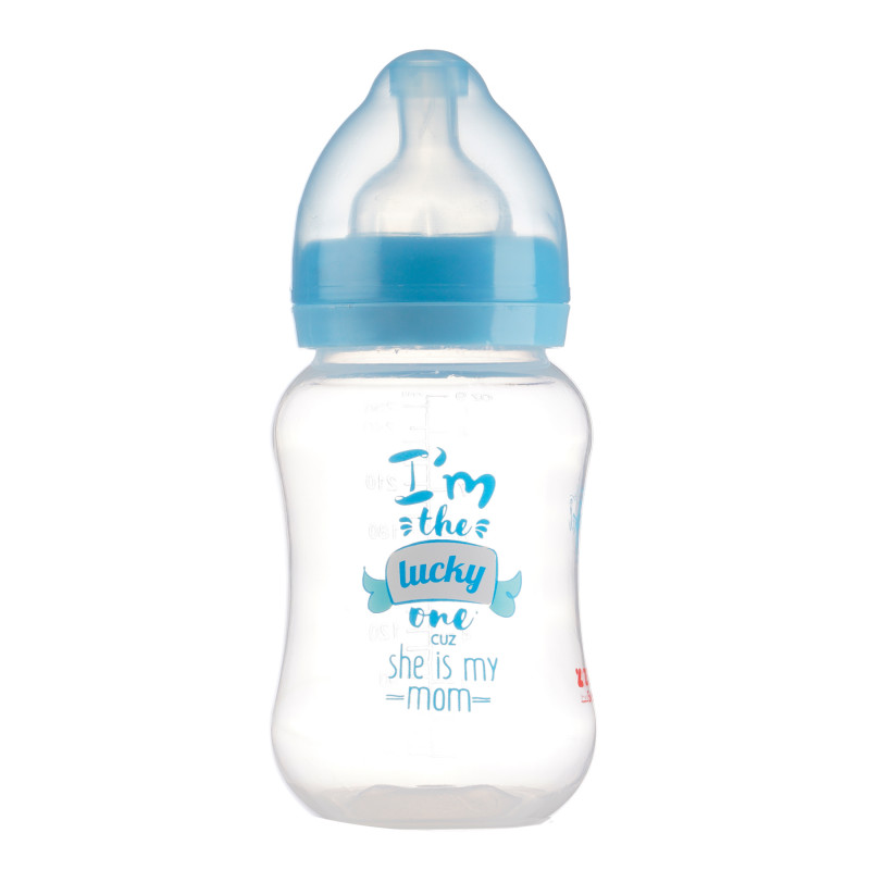 Μπουκάλι τροφοδοσίας πολυπροπυλενίου με φαρδύ λαιμό Little Angel με πιπίλα 2 σταγόνες, 3+ μήνες, 250 ml, μπλε  265207