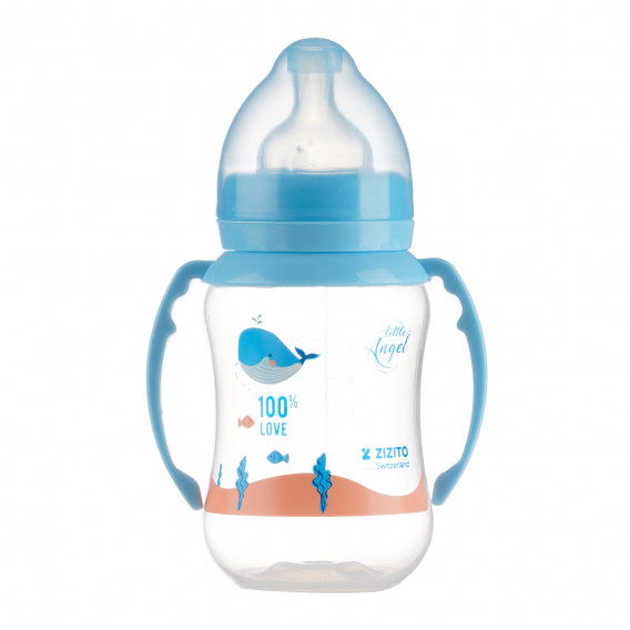 Μπουκάλι τροφοδοσίας πολυπροπυλενίου με λαβές Little Angel με πιπίλα 3 σταγόνες, 6+ μήνες, 250 ml, μπλε ZIZITO 265215 
