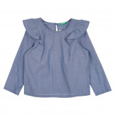 Βαμβακερή μπλούζα με μακριά μανίκια και βολάν, μπλε Benetton 265264 