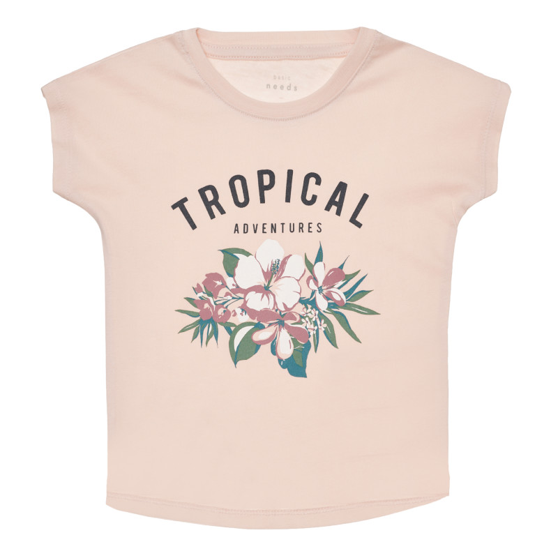 Μπλουζάκι από οργανικό βαμβάκι με λουλουδάτο σχέδιο και στάμπα, ροζ  268003