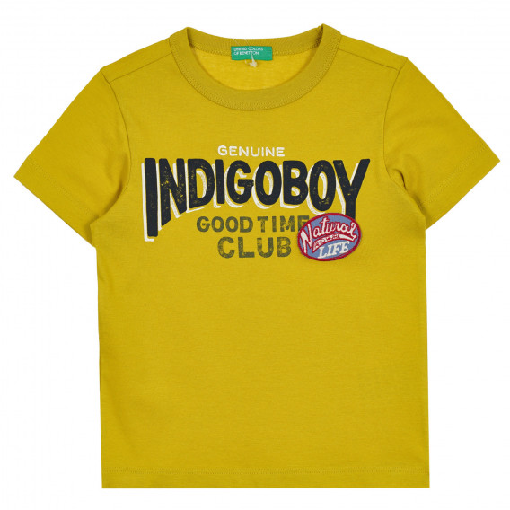 Βαμβακερό μπλουζάκι με την επιγραφή Indigo boy για μωρό, κίτρινο Benetton 268150 