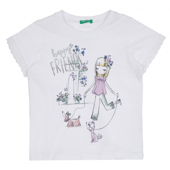 Βαμβακερή μπλούζα με εκτύπωση Happy Friends, λευκή Benetton 268593 