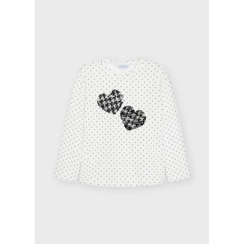 Βαμβακερή μπλούζα με φιγούρα και καρδιές από πούλιες, λευκή  273873