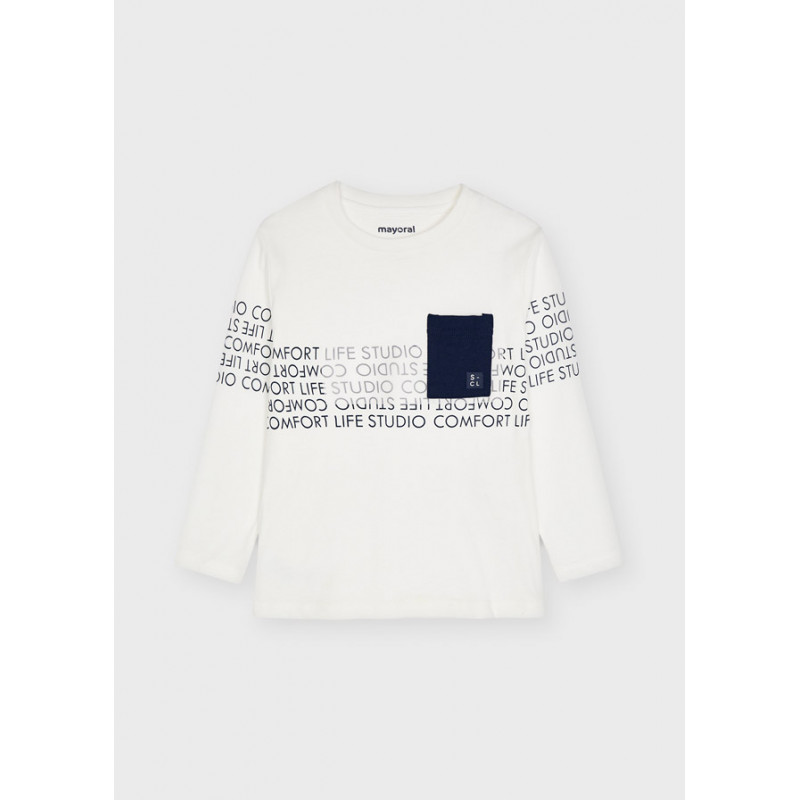 Βαμβακερή μπλούζα με τσέπη και επιγραφές, λευκή  273899