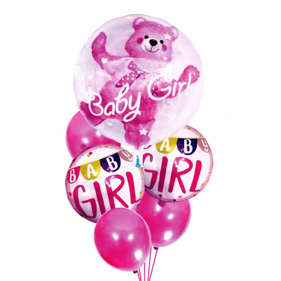 Σετ 6 μπαλόνια κομφετί, σε ροζ χρώμα με αρκουδάκι, για νεογέννητο κορίτσι Ikonka 275548 