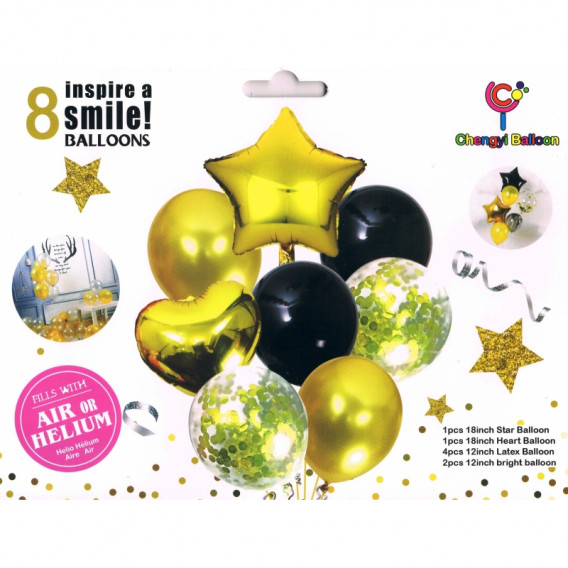 Σετ 8 μπαλονιών με κομφετί σε χρυσό και μαύρο χρώμα Ikonka 275556 2