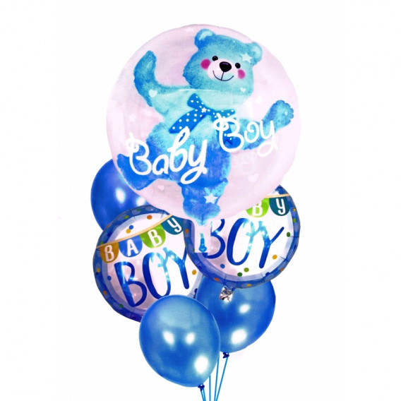 Σετ 6 μπαλονιών με κομφετί, σε μπλε χρώμα, με αρκουδάκι, για νεογέννητο αγόρι Ikonka 275559 