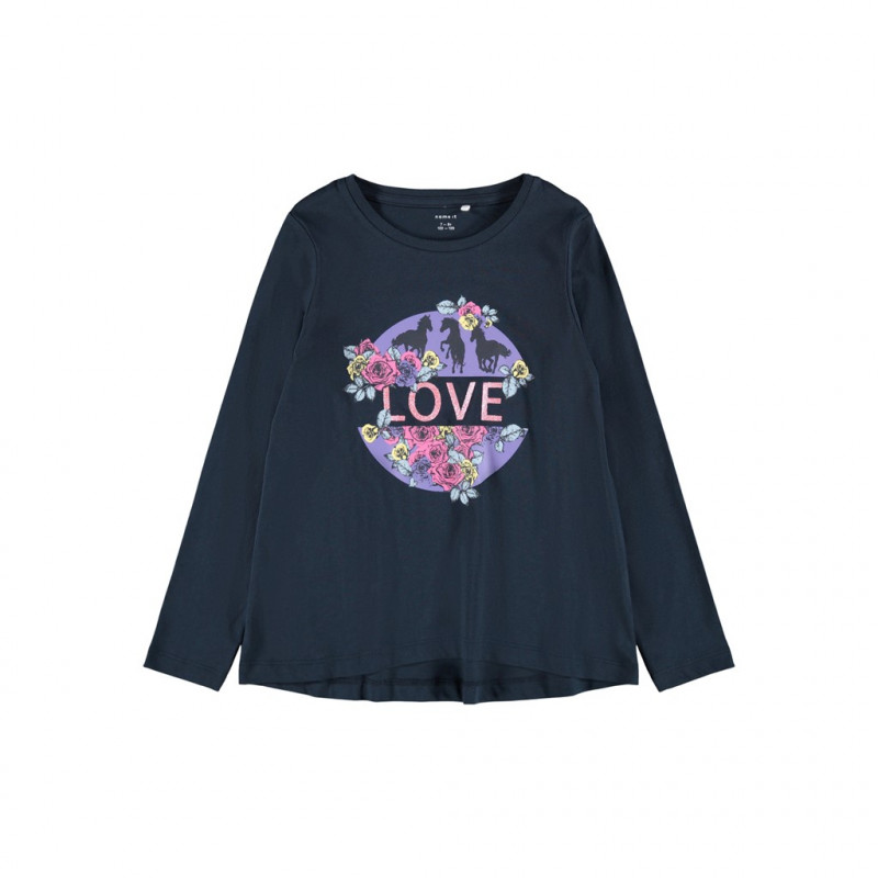 Βαμβακερή μπλούζα με μακριά μανίκια και floral print, μπλε ναυτικό  278607