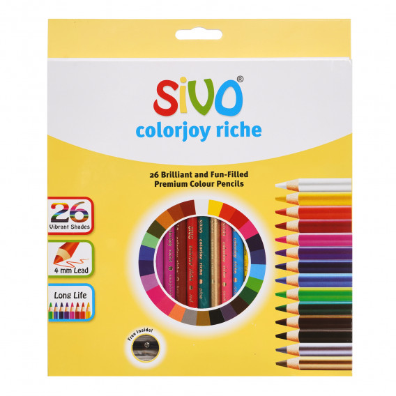 Σετ χρωματιστά μολύβια στρογγυλά, 26 χρωμάτων και ξύστρα Sivo 279226 