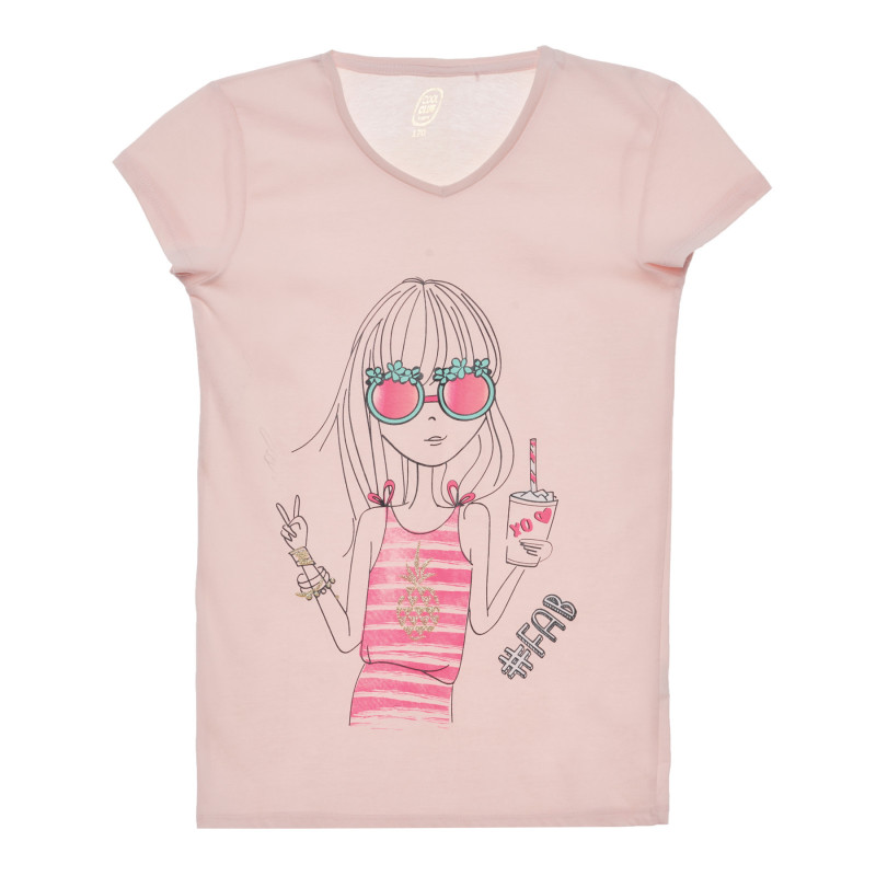 Βαμβακερό μπλουζάκι με στάμπα, σε ροζ χρώμα.  280525