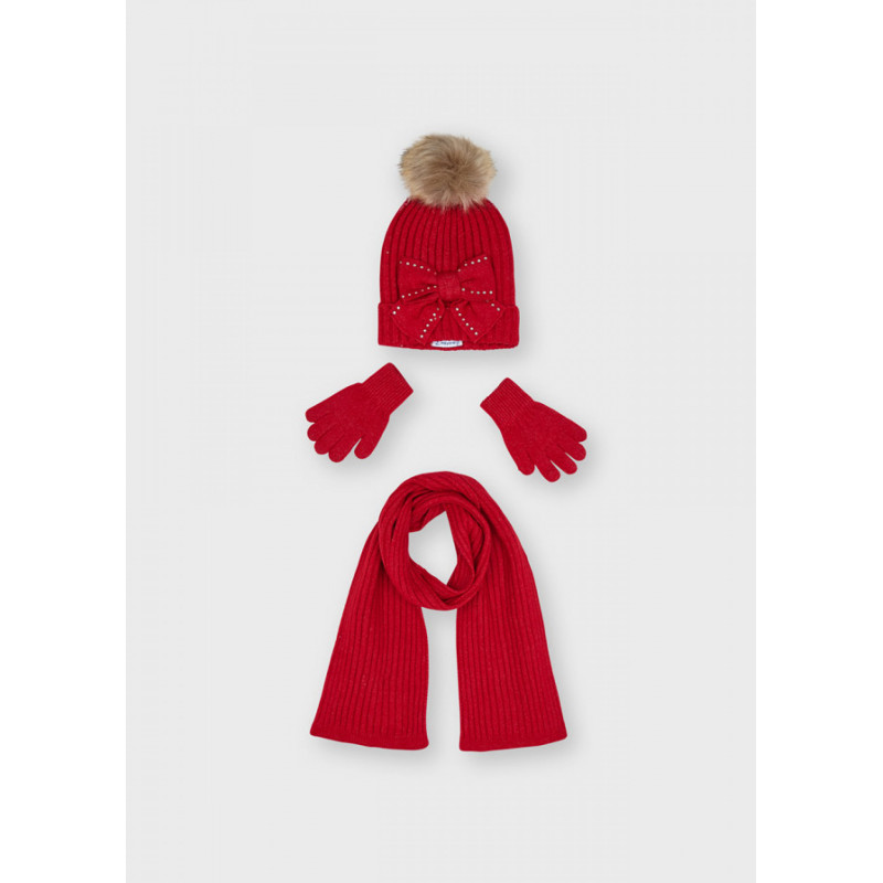 Σετ καπέλο, φουλάρι και γάντια με απλικέ πούλιες για κορίτσι, κόκκινο  287819