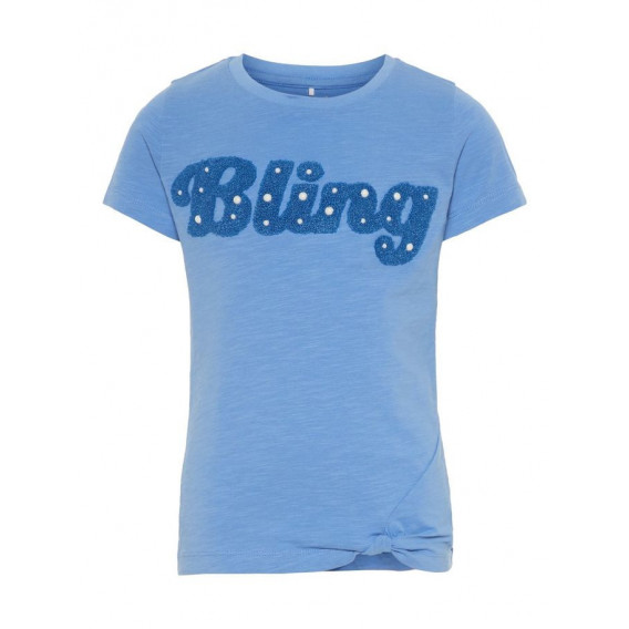 Μπλε μπλουζάκι από οργανικό βαμβάκι με απλικέ με στρασάκια για κορίτσι Name it 28895 